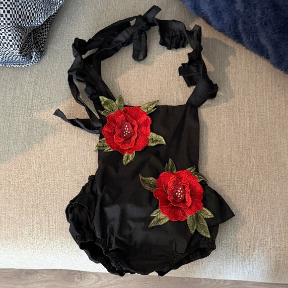 Other - Black Swimsuit with Red Floral Appliqué
